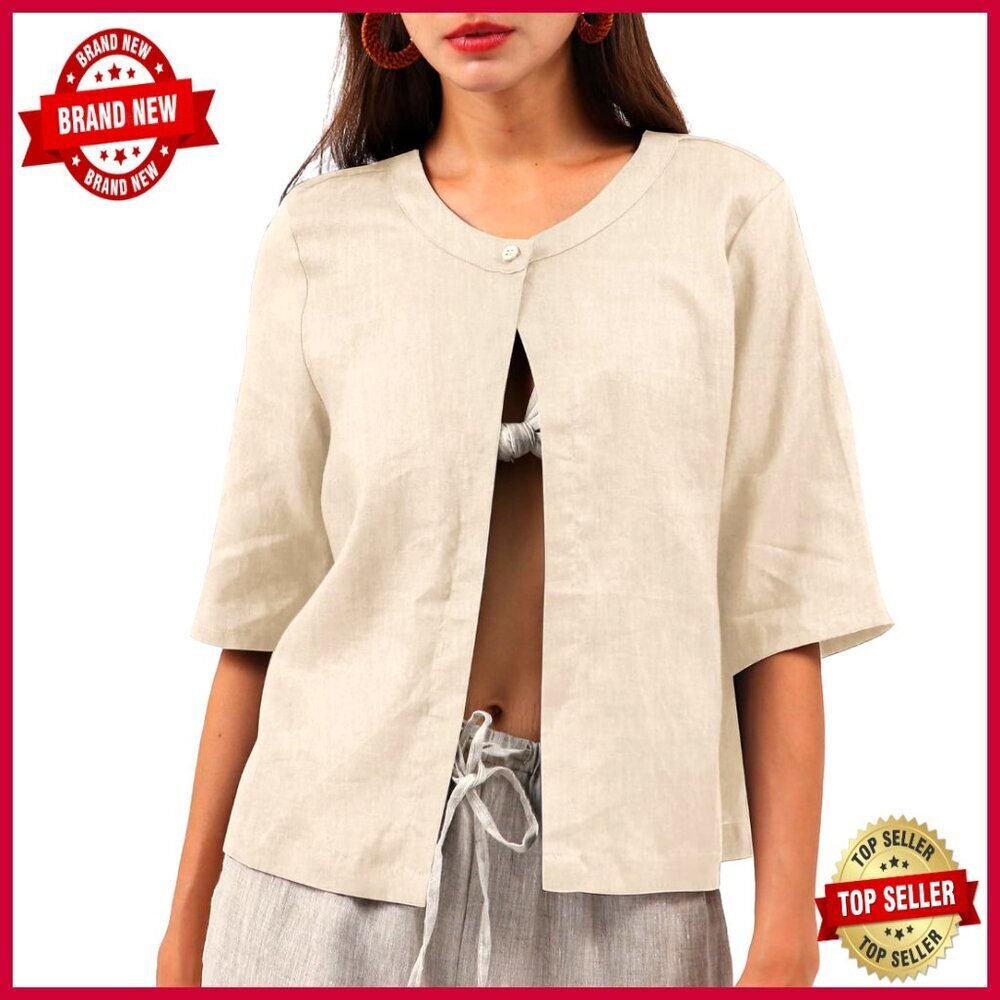 Large Linen Cropped Cardigan Open Front Elbow Sleeve Summer Jacket